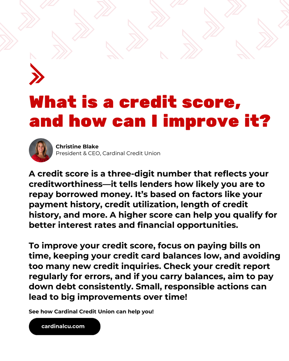 CardinalCu's tweet photo. Building credit or trying to boost it? Your score might seem like just a number—but it can shape your future. Pay on time, keep balances low, and check your report. What smart money move are you making today?

#FinancialFreedom #MoneyMatters #CreditUnion https://t.co/fzqe7sT40P