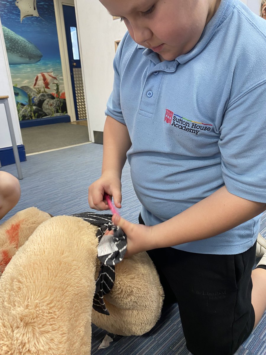 _SuttonHouse_'s tweet photo. Primary have been learning some first aid, putting plasters on the sick bear, practising the recovery position and even looking at applying pressure to cuts! #firstaid #primarysemh #lifeskills https://t.co/AIfNs04CVx