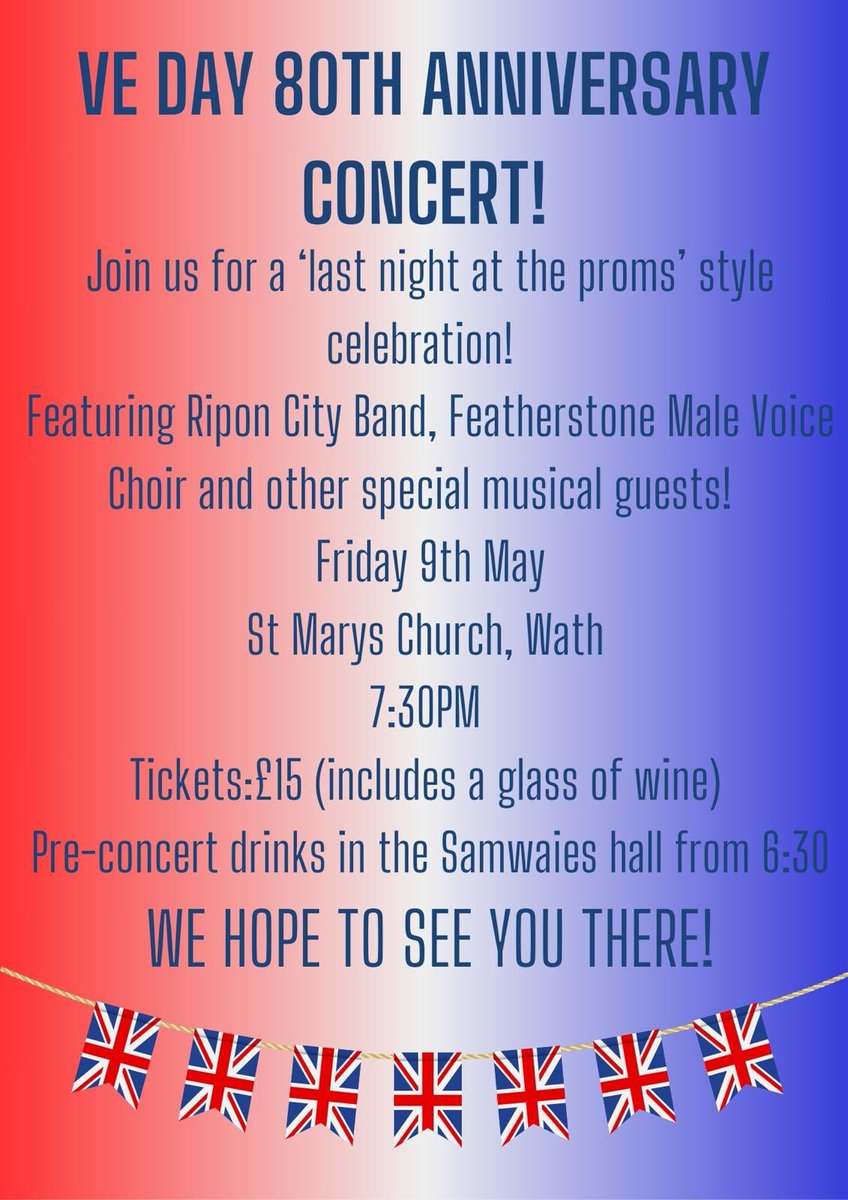 We’re really looking forward to helping celebrate VE Day on Friday 9th May at St Mary’s Church Wath near Ripon