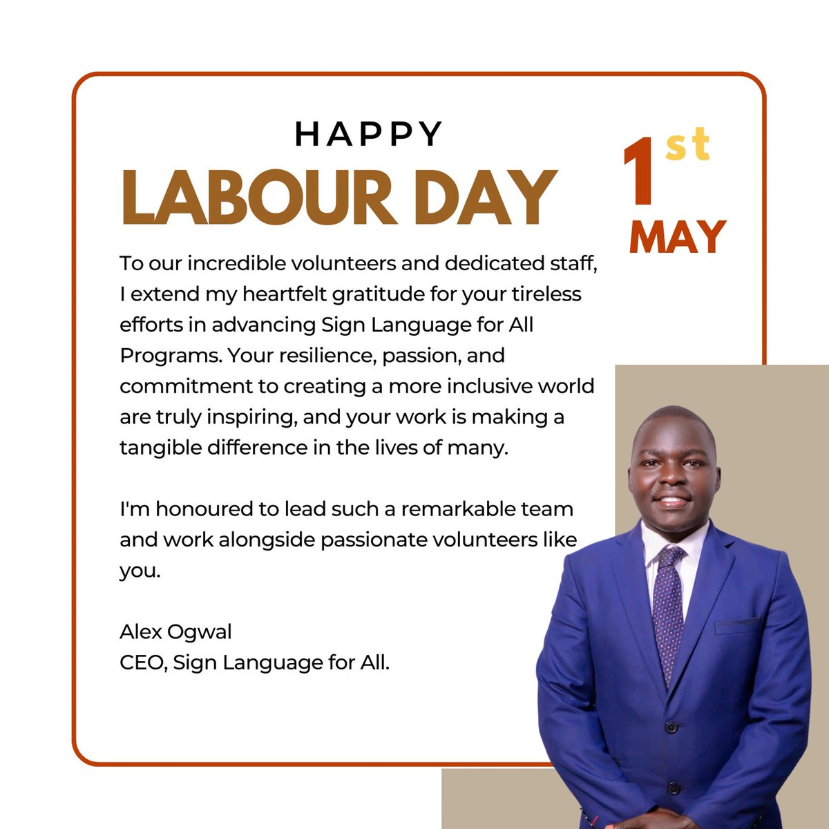 AlexOgwal5's tweet photo. I wish you all a happy #Labour Day.
May your sacrifices and resilience never go in vain as we make the world a better place through Sign Language. Feel free to sign up for Cohort 6 of our Sign Language programs starting in July_August 2025.
#SignLanguageforAll
#BetterWorld https://t.co/mUTpfij8FC