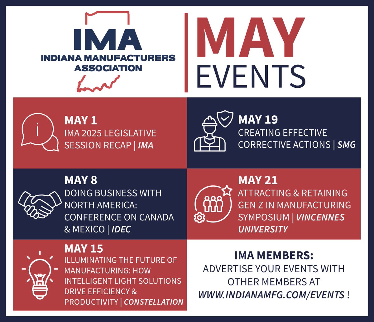 #ThisIsMay, with the IMA! 🏁

Check out these May events from the IMA team and your fellow IMA members! Learn more about each event here ➡️ indianamfg.com/events