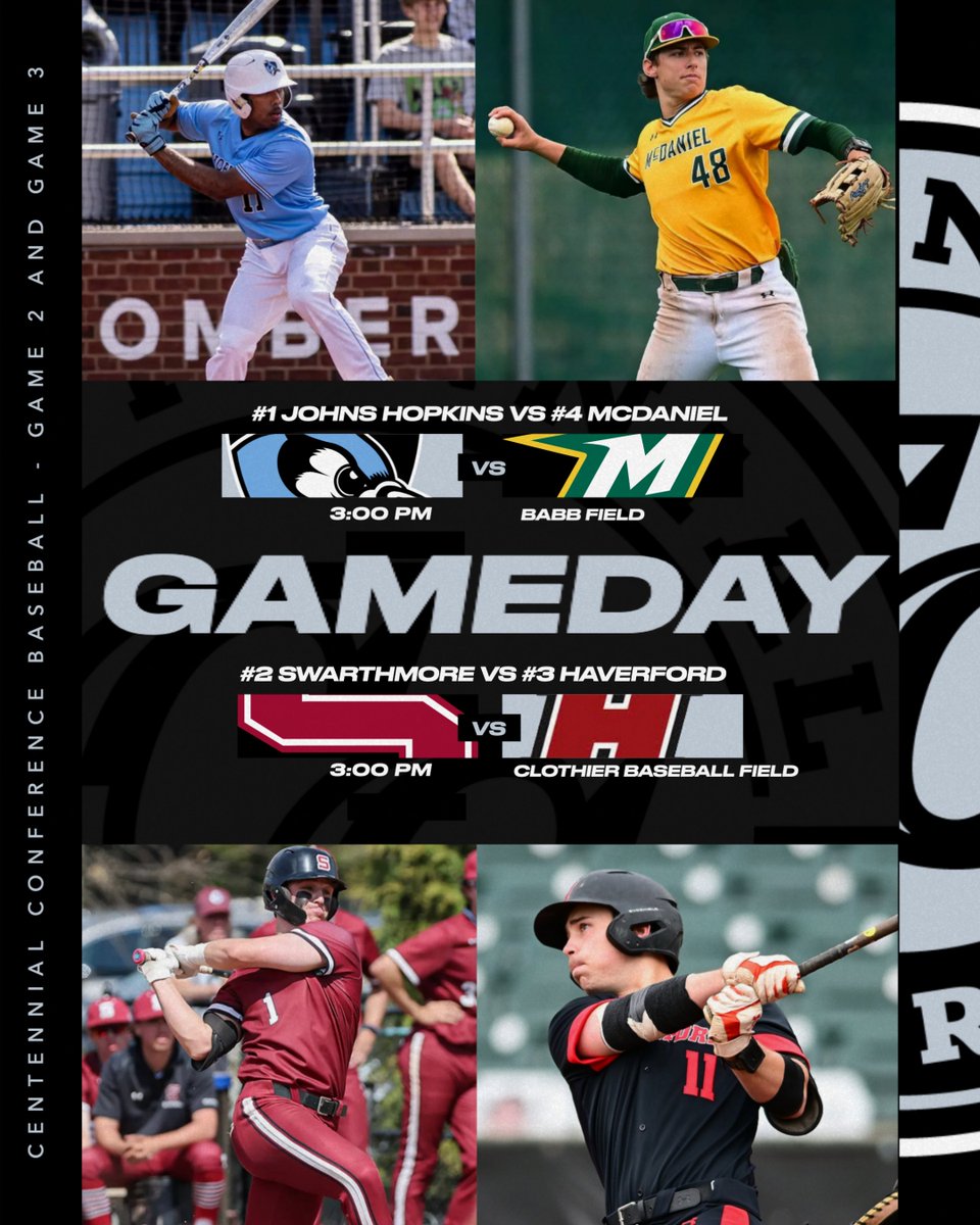 CentennialConference (@centennialconf) on Twitter photo BASE | CC TOURNAMENT
#1 <a href="/JHUBaseball/">Johns Hopkins Baseball</a>
🆚 #4 <a href="/McDaniel_BASE/">McDaniel College Baseball</a>
📍Babb Field
#2 <a href="/SwatBaseball/">Swarthmore Baseball</a>
🆚 #3 <a href="/HCFords_BSB/">Haverford Baseball</a>
📍Clothier Field
⏰ 3:00pm
📹 shorturl.at/RlUTV
📊 shorturl.at/aAeQp
📊 shorturl.at/V21fN
🎟️ shorturl.at/o5MfS
#CentConf #CCbase #d3base BASE | CC TOURNAMENT
#1 <a href="/JHUBaseball/">Johns Hopkins Baseball</a>
🆚 #4 <a href="/McDaniel_BASE/">McDaniel College Baseball</a>
📍Babb Field
#2 <a href="/SwatBaseball/">Swarthmore Baseball</a>
🆚 #3 <a href="/HCFords_BSB/">Haverford Baseball</a>
📍Clothier Field
⏰ 3:00pm
📹 shorturl.at/RlUTV
📊 shorturl.at/aAeQp
📊 shorturl.at/V21fN
🎟️ shorturl.at/o5MfS
#CentConf #CCbase #d3base