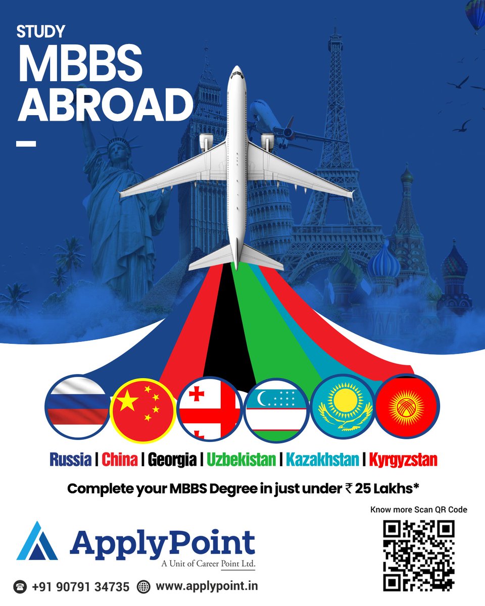 apply_point's tweet photo. 👨‍⚕️ Hello NEET Aspirants!

 ✅ Complete your MBBS degree abroad in just under ₹25 Lakhs 🌍

📍 Destinations: Russia | Georgia | Uzbekistan | Kyrgyzstan | Kazakhstan | China
📞 Book your FREE COUNSELLING session today!
Call: +91 9079134735 or Visit: https://t.co/dqyx4ONqJt

#NEET https://t.co/FrcaGlQf4V