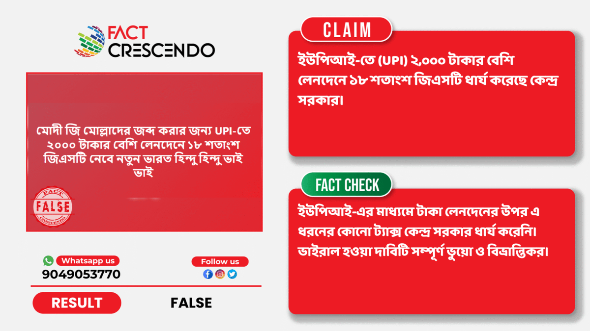 FC_bangla's tweet photo. #factcheck না, ইউপিআই-তে ২,০০০ টাকার বেশি লেনদেনে ১৮% জিএসটি বসায়নি কেন্দ্র সরকার
বিস্তারিতঃ https://t.co/bfbPEhKOSu
#BrakeTheFake #UPI https://t.co/FR6EItWLmo