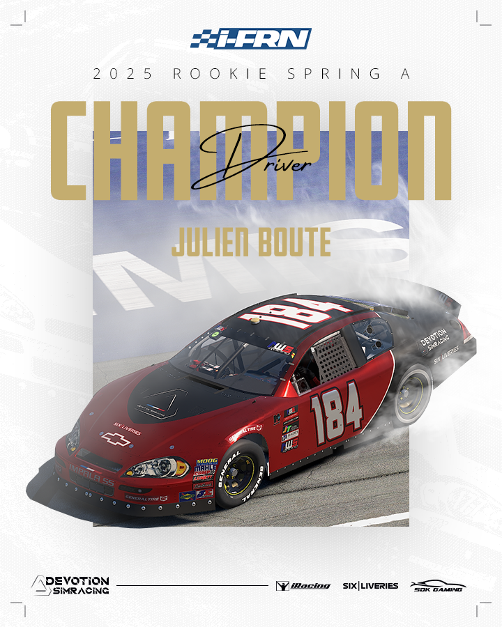 IFRN ROOKIE SPRING A
Résultats de cette saison Spring rookie A et celle ci est couronnée !
Titre par équipe et titre pilote.
Promotion en Ignite déjà acquise pour Julien et Thomas qui finissent respectivement 1er et 2eme du championnat.
Bravo messieurs !

<a href="/ligue_ifrn/">i-FRN | Ligue francophone de NASCAR iracing</a>