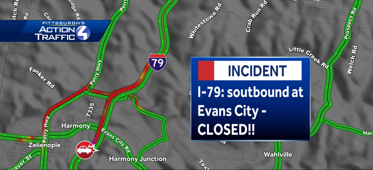 BREAKING:  79 is shut down in the southbound direction at Evans City.  Sky 4 <a href="/SamDHallJr/">SamHall</a> is headed that way and will give us a live look in the next 20 minutes #wtaetraffic <a href="/WTAE/">WTAE-TV Pittsburgh</a>
