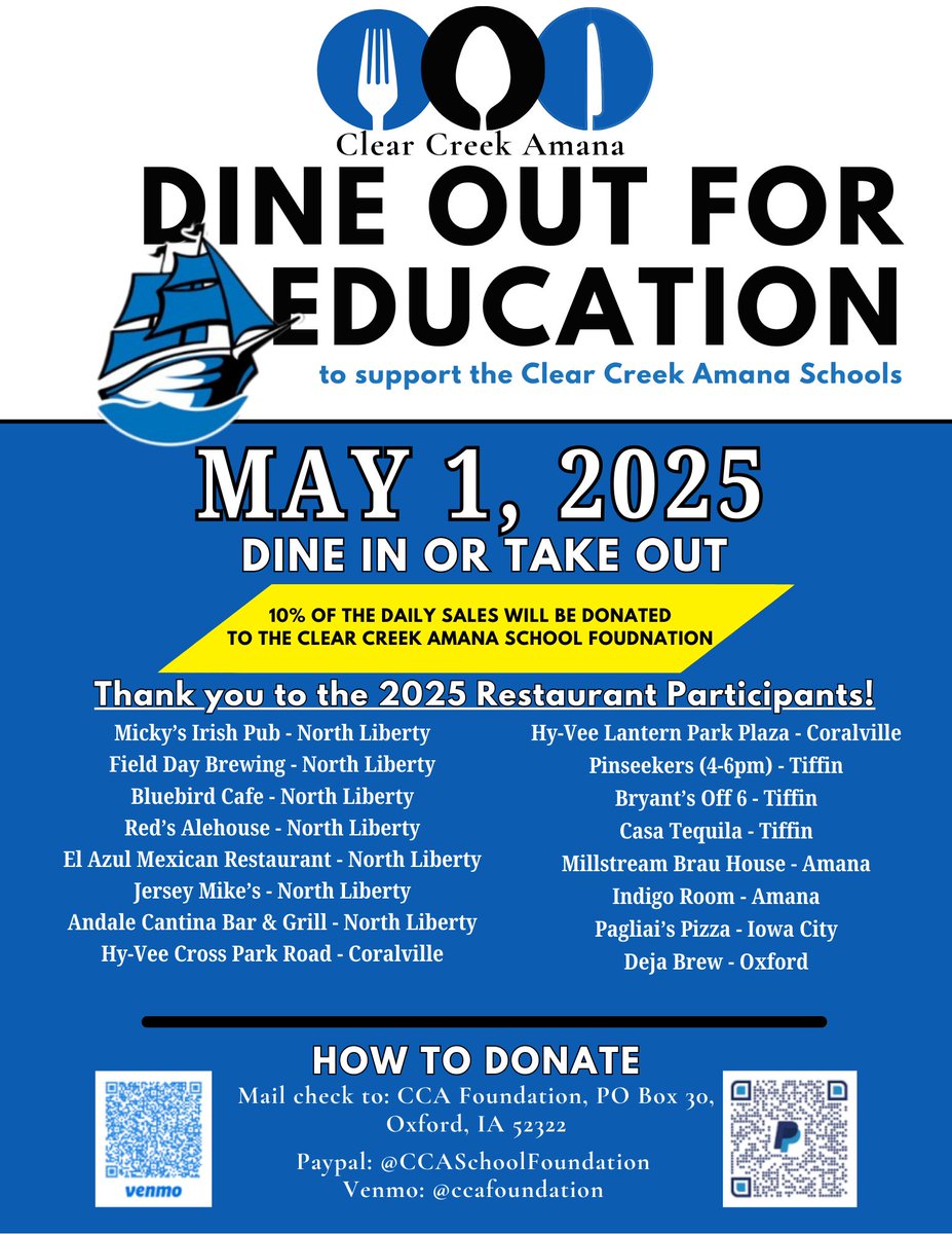 Foundation4CCA's tweet photo. TODAY is the day!!!
Dine Out for Education!!!
You can enjoy a great meal AND support the CCA Foundation all at the same time.  Just pick one of the awesome restaurants on this list and 10% of the money will go to the Foundation to help support the CCA students and staff. https://t.co/C4iCkmZhBp