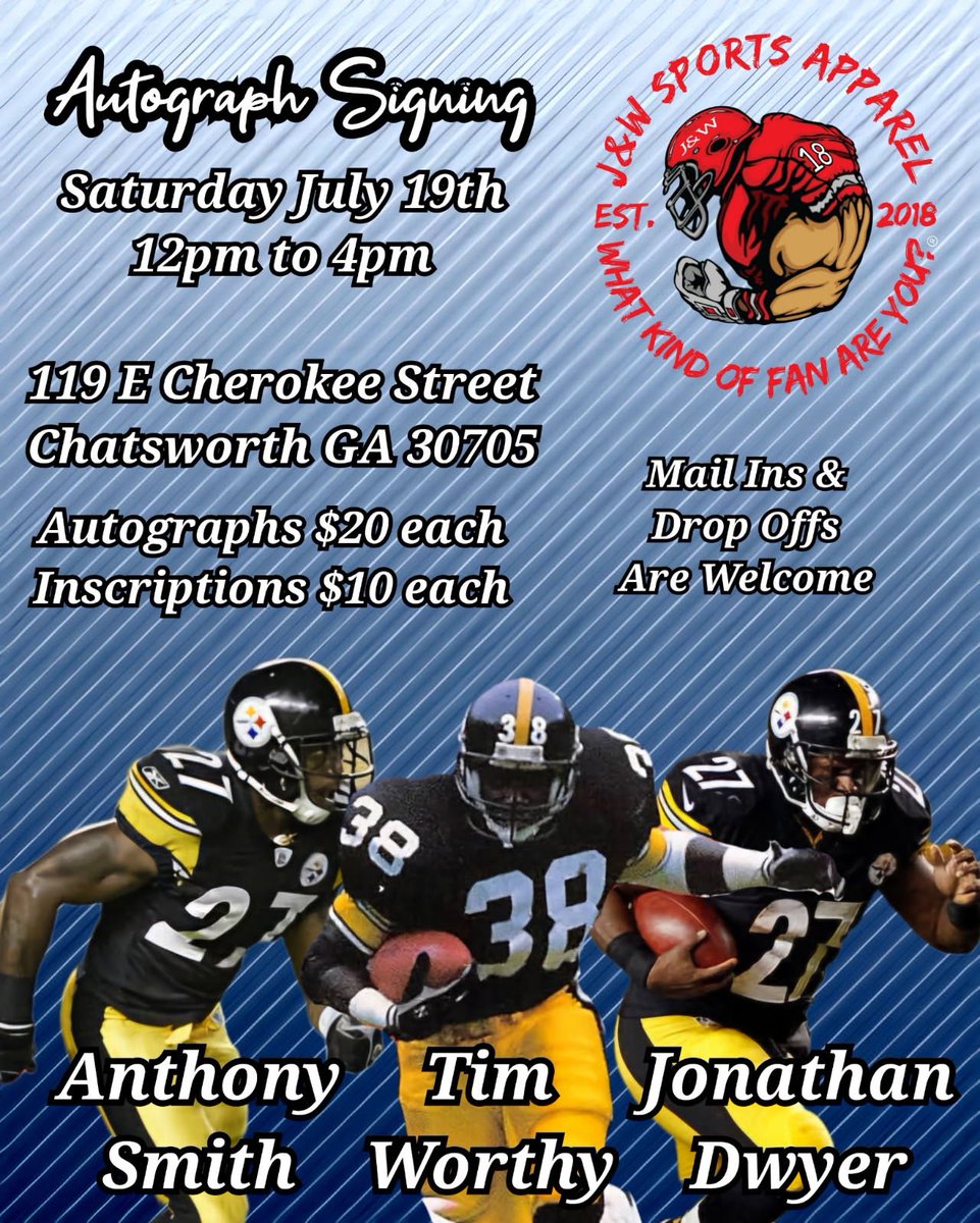 Anthony Smith (@antkingsmith) on Twitter photo S/O to <a href="/jwsportsapparel/">J&W Sports Apparel</a> Sat July 19th I’ll be w/ 2 of my Steeler Nation brothers @_jdwyersr_ & Tim Worthy in Chataworth Ga, 30705
119 E Cherokee Street ‼️ Come and Support the Black & Gold see you there‼️🫡🏈👑. S/O to <a href="/jwsportsapparel/">J&W Sports Apparel</a> Sat July 19th I’ll be w/ 2 of my Steeler Nation brothers @_jdwyersr_ & Tim Worthy in Chataworth Ga, 30705
119 E Cherokee Street ‼️ Come and Support the Black & Gold see you there‼️🫡🏈👑.