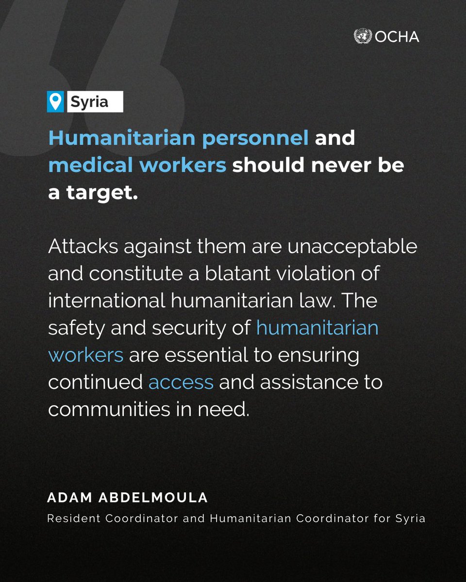 OCHA Syria (@ocha_syria) on Twitter photo As violence spreads & the humanitarian situation worsens, I call on all parties to uphold their obligations under international law, protect civilians & ensure humanitarian access.
Read the RCHC statement <a href="/adam_abdelmoula/">Adam Abdelmoula</a> on the recent situation on Syria bit.ly/4jCeNh2 As violence spreads & the humanitarian situation worsens, I call on all parties to uphold their obligations under international law, protect civilians & ensure humanitarian access.
Read the RCHC statement <a href="/adam_abdelmoula/">Adam Abdelmoula</a> on the recent situation on Syria bit.ly/4jCeNh2