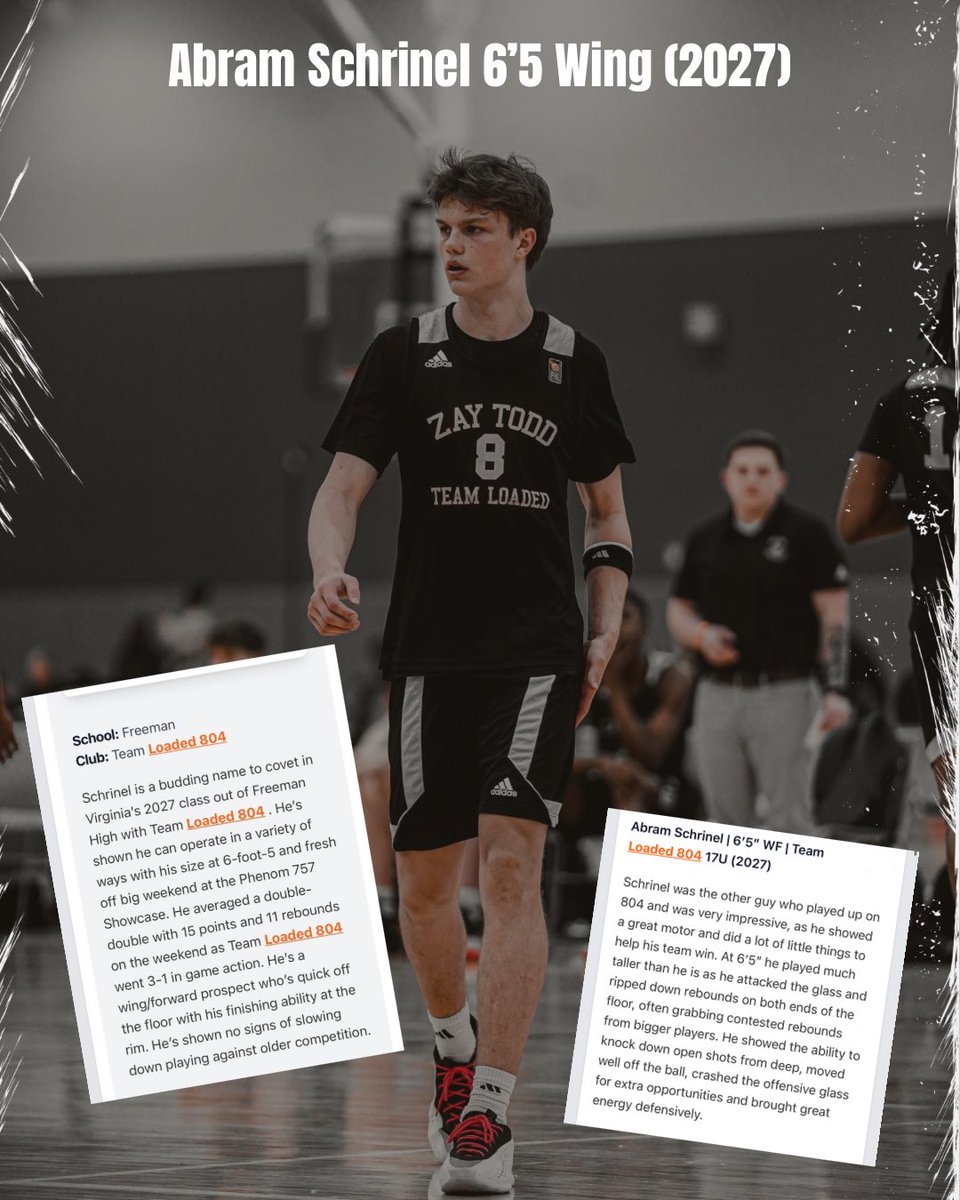 Abram Schrinel was a monster on the glass again this weekend—8 PPG, 11 RPG, shooting 58% from the field with double-digit boards every game. One of the top available wings in the 2027 class. Coaches, get on him early! #TeamLoaded804 #UnderTheRadarNoMore 

<a href="/ASchrinel2027/">Abram</a>