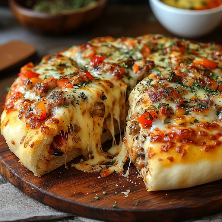 summer_food's tweet photo. Thick, fluffy crust topped with gooey cheese, savory meat, and vibrant veggies https://t.co/dg6hDSrVVT