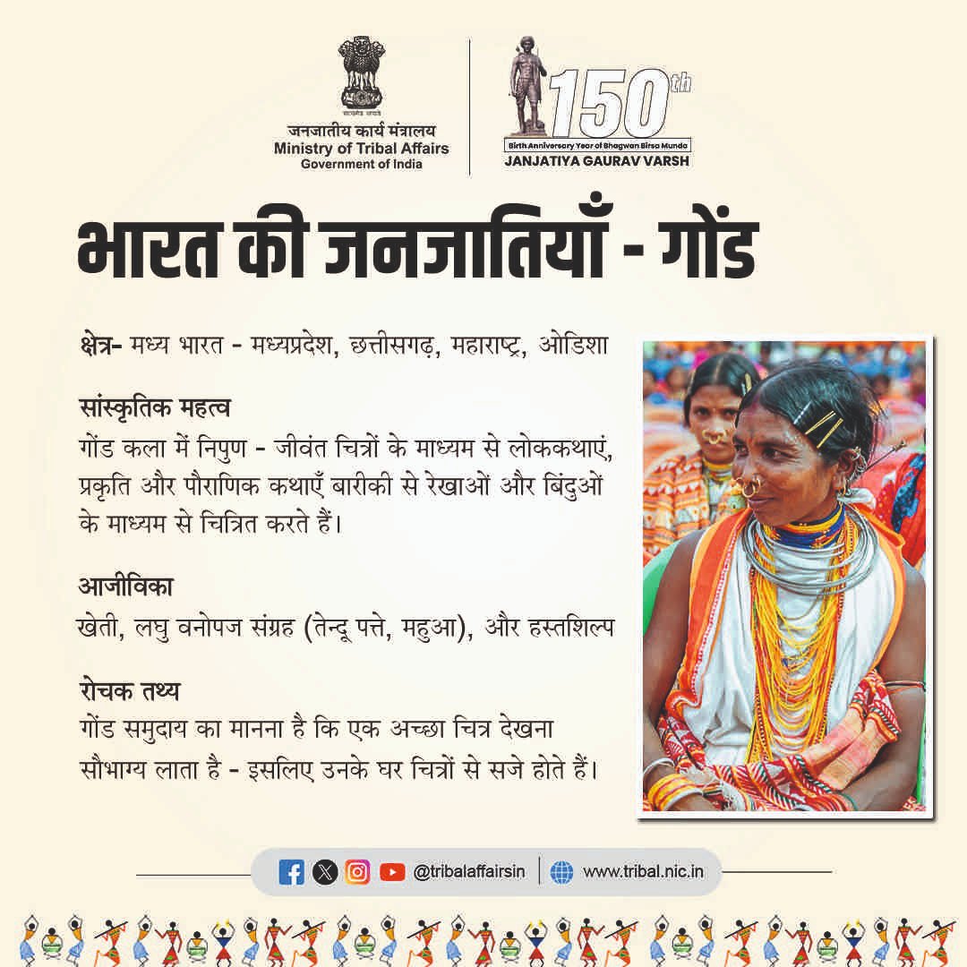 TribalAffairsIn's tweet image. भारत की जनजातियाँ | गोंड
मध्य भारत से, गोंड जनजाति अपनी आकर्षक चित्रकला के माध्यम से कहानियों को जीवंत करती है। प्रकृति और पौराणिक कथाओं से प्रेरित इनकी पारंपरिक कलाकृतियाँ हर घर और दिल को रंगों से भर देती हैं। 
#TribesOfIndia #GondTribe #GondArt #JanJatiyaGauravVarsh