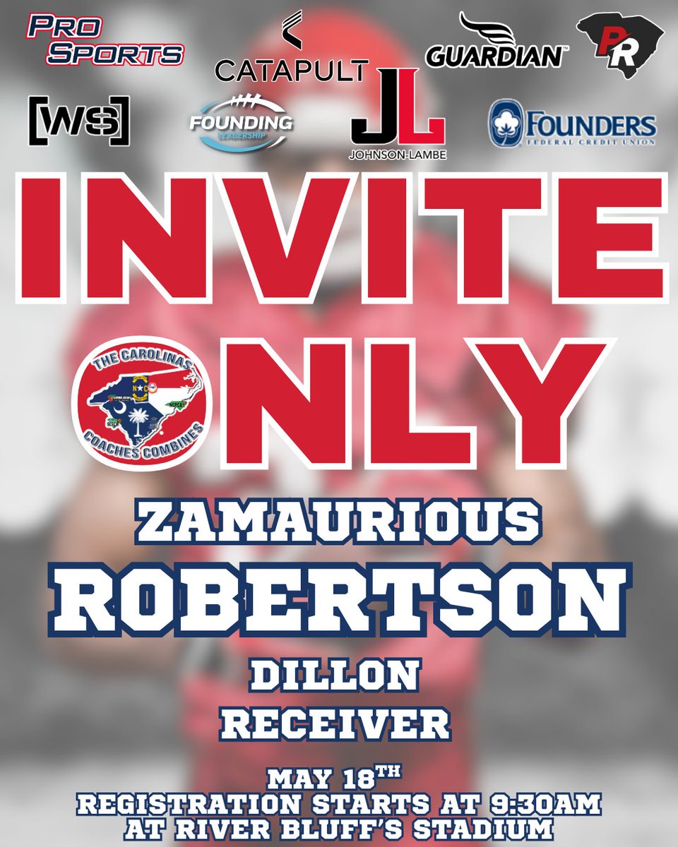 Carolinas Coaches Combine (@coachescombines) on Twitter photo Congratulations to Zamaurious Robertson from <a href="/Dillon_Football/">Dillon Football</a> for being selected to attend the Invite-Only Event on May 18 at River Bluff High School! Registration begins at 9:30 AM!
#CCC2025 @johnsonlambe <a href="/SCFCA1/">SCFCA</a> <a href="/ZamauriousRobe1/">Zamaurious Robertson</a> <a href="/CoachRoller5/">Kelvin Roller</a> Congratulations to Zamaurious Robertson from <a href="/Dillon_Football/">Dillon Football</a> for being selected to attend the Invite-Only Event on May 18 at River Bluff High School! Registration begins at 9:30 AM!
#CCC2025 @johnsonlambe <a href="/SCFCA1/">SCFCA</a> <a href="/ZamauriousRobe1/">Zamaurious Robertson</a> <a href="/CoachRoller5/">Kelvin Roller</a>