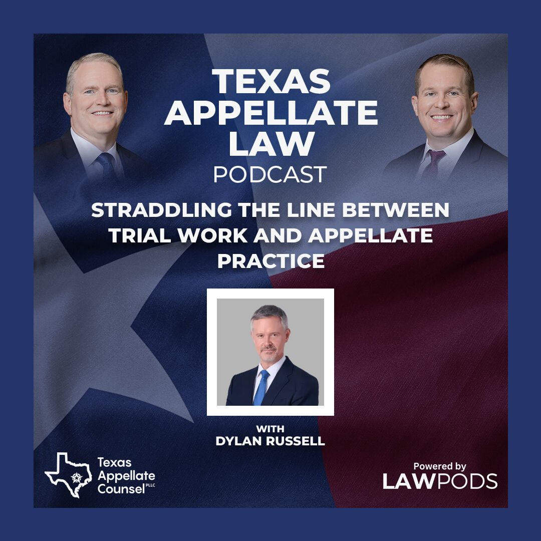 Texas Appellate Law Podcast (@texapplawpod) on Twitter photo 🎙️ NEW EPISODE! <a href="/TxAppellateAtty/">Dylan Russell</a> of Sorrels Law shares how he balances life as a trial and appellate lawyer—and why there's real power in doing both. From voir dire to SCOTX arguments, he walks the line with purpose. #appellatetwitter
texappcounsel.com/2025/05/e149-s… 🎙️ NEW EPISODE! <a href="/TxAppellateAtty/">Dylan Russell</a> of Sorrels Law shares how he balances life as a trial and appellate lawyer—and why there's real power in doing both. From voir dire to SCOTX arguments, he walks the line with purpose. #appellatetwitter
texappcounsel.com/2025/05/e149-s…