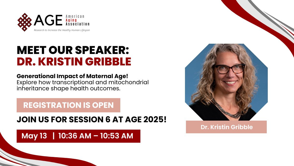 American Aging Association (@americanaging) on Twitter photo Meet Dr. Kristin Gribble
Dr. Kristin Gribble, Sr. Scientist at <a href="/MBLScience/">Marine Biological Laboratory (MBL)</a>, investigates transgenerational inheritance of aging.
Don’t miss her at #AGEAnnualMeeting2025.
🔗 bit.ly/4cJx8Gd
#Mitochondria #MaternalAge #LongevityScience #HealthyAging #Genetics Meet Dr. Kristin Gribble
Dr. Kristin Gribble, Sr. Scientist at <a href="/MBLScience/">Marine Biological Laboratory (MBL)</a>, investigates transgenerational inheritance of aging.
Don’t miss her at #AGEAnnualMeeting2025.
🔗 bit.ly/4cJx8Gd
#Mitochondria #MaternalAge #LongevityScience #HealthyAging #Genetics