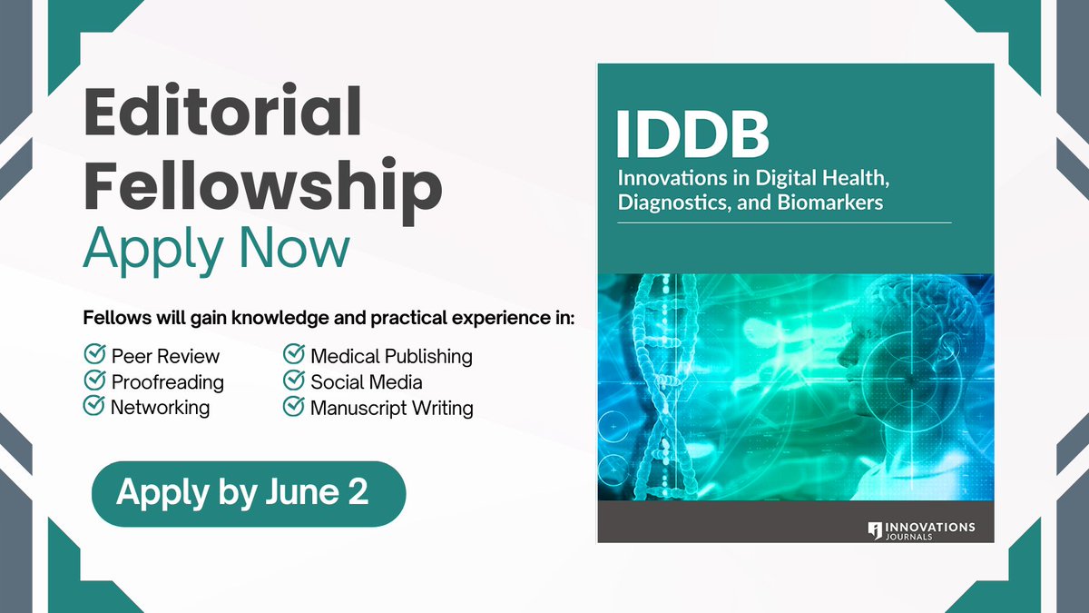 IDDB Editors (@editorsiddb) on Twitter photo Apply for a 1-year Editorial Fellowship with #IDDB! Applications are open through June 2, 2025. loom.ly/ewFjF64
#fellowship #medicalpublishing #peerreview
@ZisisKozlakidis <a href="/FaizaKalam/">Faiza Kalam</a> <a href="/InnoJournals/">Innovations Journals</a> Apply for a 1-year Editorial Fellowship with #IDDB! Applications are open through June 2, 2025. loom.ly/ewFjF64
#fellowship #medicalpublishing #peerreview
@ZisisKozlakidis <a href="/FaizaKalam/">Faiza Kalam</a> <a href="/InnoJournals/">Innovations Journals</a>
