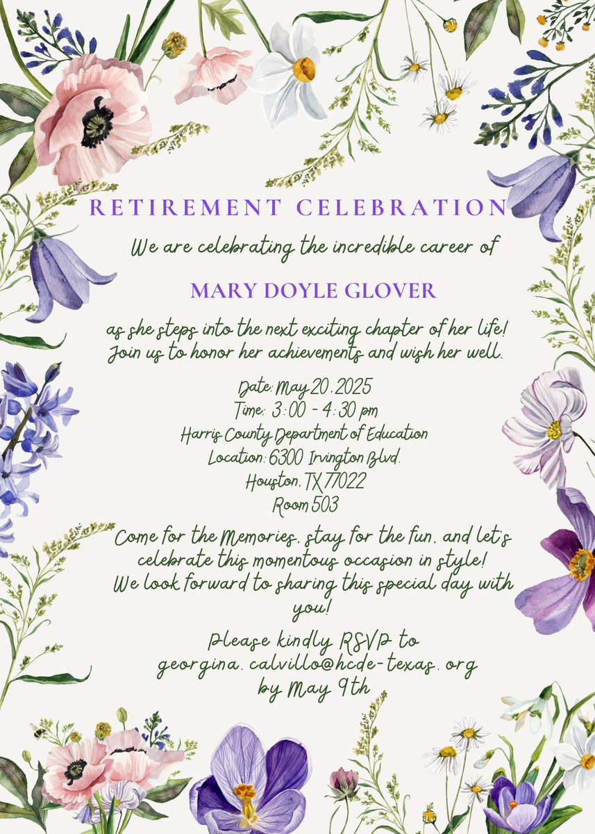 Please join us on May 20th as we celebrate Mary Doyle Glover  for her 20 years of service. This event will be held in the HCDE  Conference Center in Room 503 located at 6300 Irvington Blvd., Houston,  77022 . #MakingAfterschoolCool