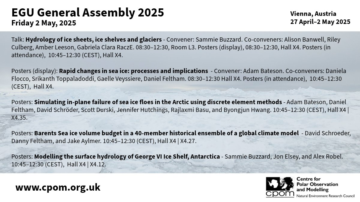 Here is our final CPOM-related research highlights slide for #EGU25 👇

Wishing everyone at the EGU General Assembly in Vienna a wonderful last day tomorrow, and a safe journey home.
