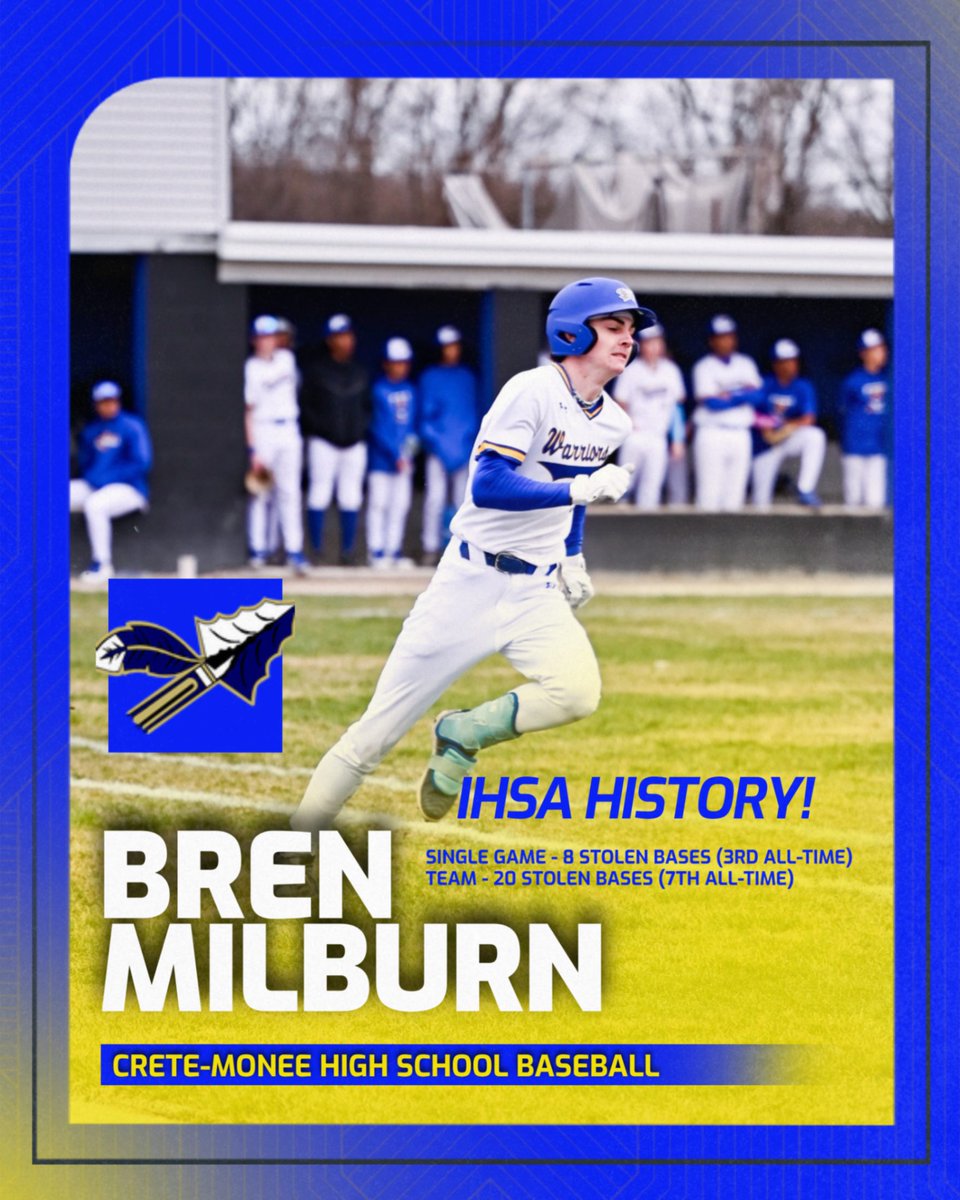 History was made yesterday on the diamond! Our Warrior Baseball Team swiped 20 bases in a single game which places them 7th all-time in IHSA history! On top of that, Bren Milburn stole 8 bases himself which puts him 3rd all-time for a single player! #History #GoWarriors