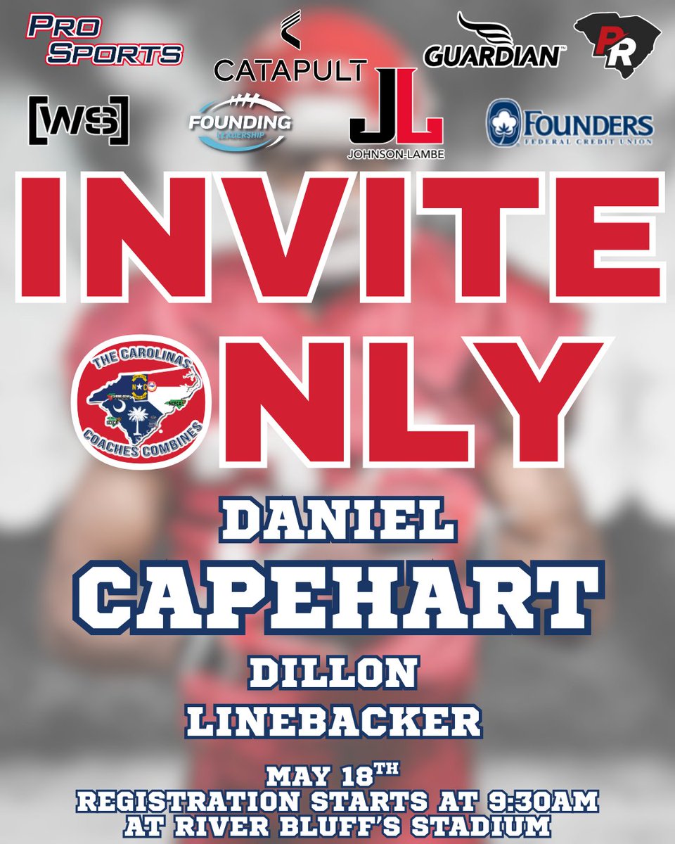 Carolinas Coaches Combine (@coachescombines) on Twitter photo Congratulations to Daniel Capehart from <a href="/Dillon_Football/">Dillon Football</a> for being selected to attend the Invite-Only Event on May 18 at River Bluff High School! Registration begins at 9:30 AM!
#CCC2025 @johnsonlambe <a href="/SCFCA1/">SCFCA</a> <a href="/DCapehart18/">Daniel Capehart Jr</a> <a href="/CoachRoller5/">Kelvin Roller</a> Congratulations to Daniel Capehart from <a href="/Dillon_Football/">Dillon Football</a> for being selected to attend the Invite-Only Event on May 18 at River Bluff High School! Registration begins at 9:30 AM!
#CCC2025 @johnsonlambe <a href="/SCFCA1/">SCFCA</a> <a href="/DCapehart18/">Daniel Capehart Jr</a> <a href="/CoachRoller5/">Kelvin Roller</a>