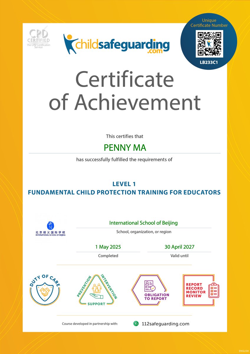 I just earned a new Level 1 - Fundamental Child Protection Training for Educators Certificate from ChildSafeguarding.com csawa.re/certificate/LB…