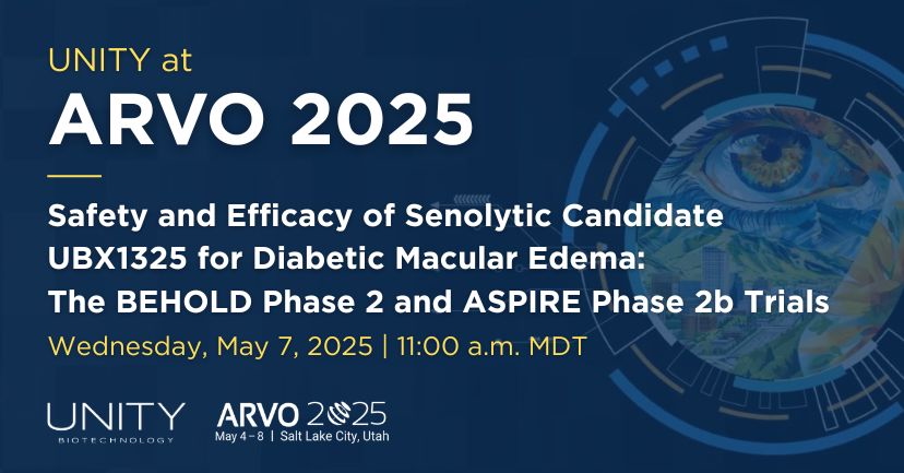 UNITY Biotechnology (@unitybiotech) on Twitter photo We’ll be presenting first time results from the ASPIRE Phase 2b study of UBX1325 for #DME at #ARVO2025 this Wednesday, May 7.
<a href="/ArshadKhanani/">Arshad Khanani</a>, M.D., M.A., FASRS will host the presentation onsite at 11:00 a.m. MDT.
More details: ir.unitybiotechnology.com/news-releases/… We’ll be presenting first time results from the ASPIRE Phase 2b study of UBX1325 for #DME at #ARVO2025 this Wednesday, May 7.
<a href="/ArshadKhanani/">Arshad Khanani</a>, M.D., M.A., FASRS will host the presentation onsite at 11:00 a.m. MDT.
More details: ir.unitybiotechnology.com/news-releases/…
