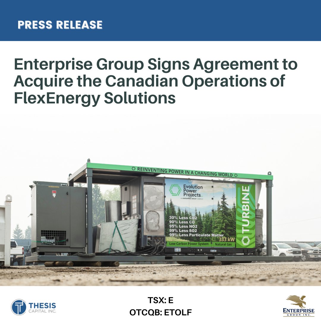 Thesis Capital Inc. (@thesiscap) on Twitter photo Press Release: <a href="/EnterpriseGrp/">Enterprise Group INC</a> | $E.TO $ETOLF
Enterprise signs agreement to acquire the Canadian operations of FlexEnergy Solutions for CA$20M. The company will become the exclusive supplier for FlexEnergy #turbines in #Canada.
PR Link: tinyurl.com/jedcu2cc
#energyservices Press Release: <a href="/EnterpriseGrp/">Enterprise Group INC</a> | $E.TO $ETOLF
Enterprise signs agreement to acquire the Canadian operations of FlexEnergy Solutions for CA$20M. The company will become the exclusive supplier for FlexEnergy #turbines in #Canada.
PR Link: tinyurl.com/jedcu2cc
#energyservices