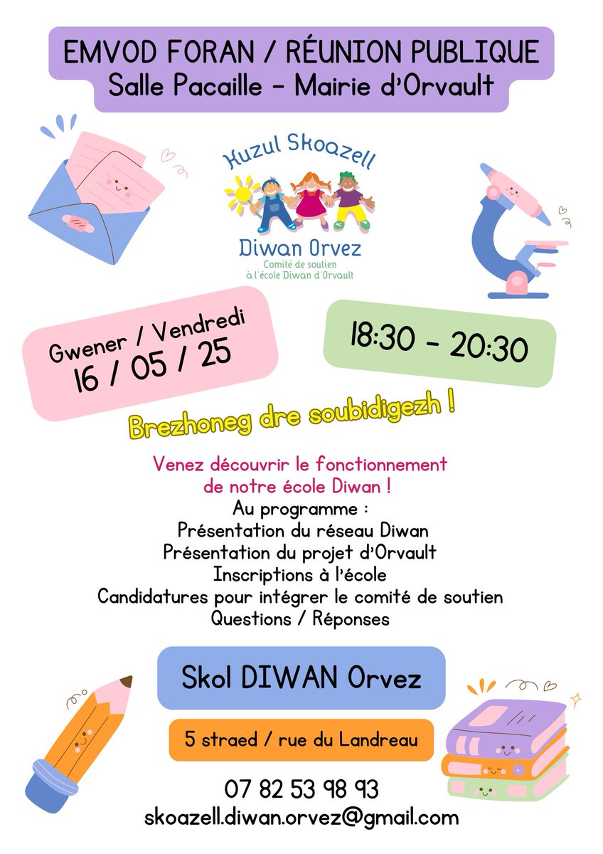 🧒🎒 RÉUNION PUBLIQUE / EMVOD FORAN

Découvrez les écoles <a href="/Diwan/">Diwan</a> &amp; la pédagogie immersive en #breton !
Dizoloit #Diwan hag ar soubidigezh e #brezhoneg !

📆 Vendredi / Gwener 16/05/25
🕙 18:30→20:30
📌 Salle Pacaille → Mairie #Orvault / Ti-Kêr #Orvez  

#LangueBretonne #BZHG