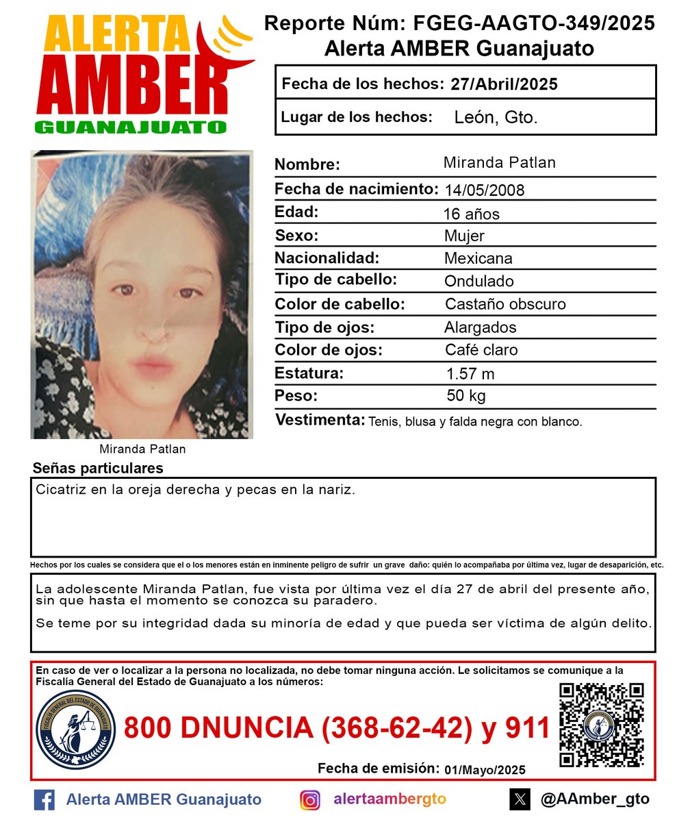 Activación de la Alerta AMBER Guanajuato de la adolescente Miranda Patlan de 16 años, León, Gto. ¡Ayúdanos a localizarla!
