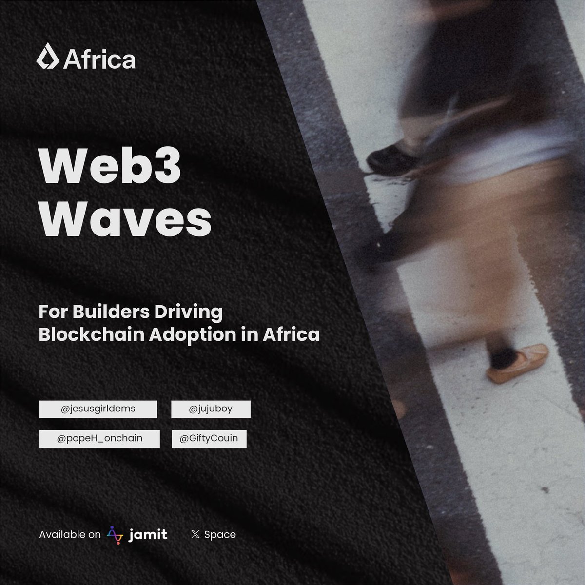 Building in Web3 as an African takes grit, vision, and courage. 

Join <a href="/jesusgirldems/">Demsss</a>, @jujuboy, @popeH_onchain, and @GiftyCouin on Web3 Waves, streaming on <a href="/jamitHQ/">Jamit</a> and X Space, as we share raw stories of what it takes as a builder to build with innovation and resilience.