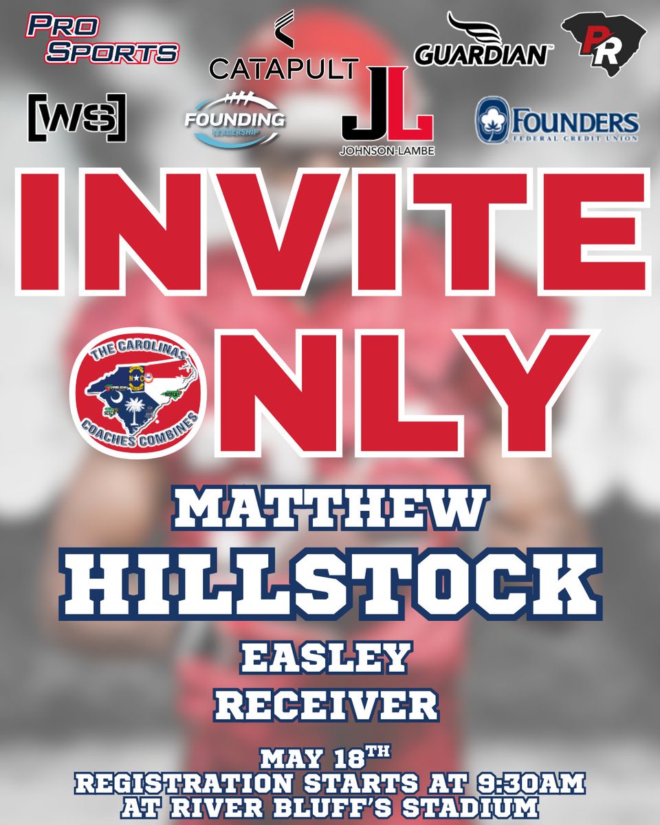 Carolinas Coaches Combine (@coachescombines) on Twitter photo Congratulations to Matthew Hillstock from <a href="/FootballEasley/">Easley Football</a> for being selected to attend the Invite-Only Event on May 18 at River Bluff High School! Registration begins at 9:30 AM!
#CCC2025 @johnsonlambe <a href="/SCFCA1/">SCFCA</a> <a href="/Hillstock18/">Matthew Hillstock</a> <a href="/CoachSHouston1/">Sam Houston</a> Congratulations to Matthew Hillstock from <a href="/FootballEasley/">Easley Football</a> for being selected to attend the Invite-Only Event on May 18 at River Bluff High School! Registration begins at 9:30 AM!
#CCC2025 @johnsonlambe <a href="/SCFCA1/">SCFCA</a> <a href="/Hillstock18/">Matthew Hillstock</a> <a href="/CoachSHouston1/">Sam Houston</a>
