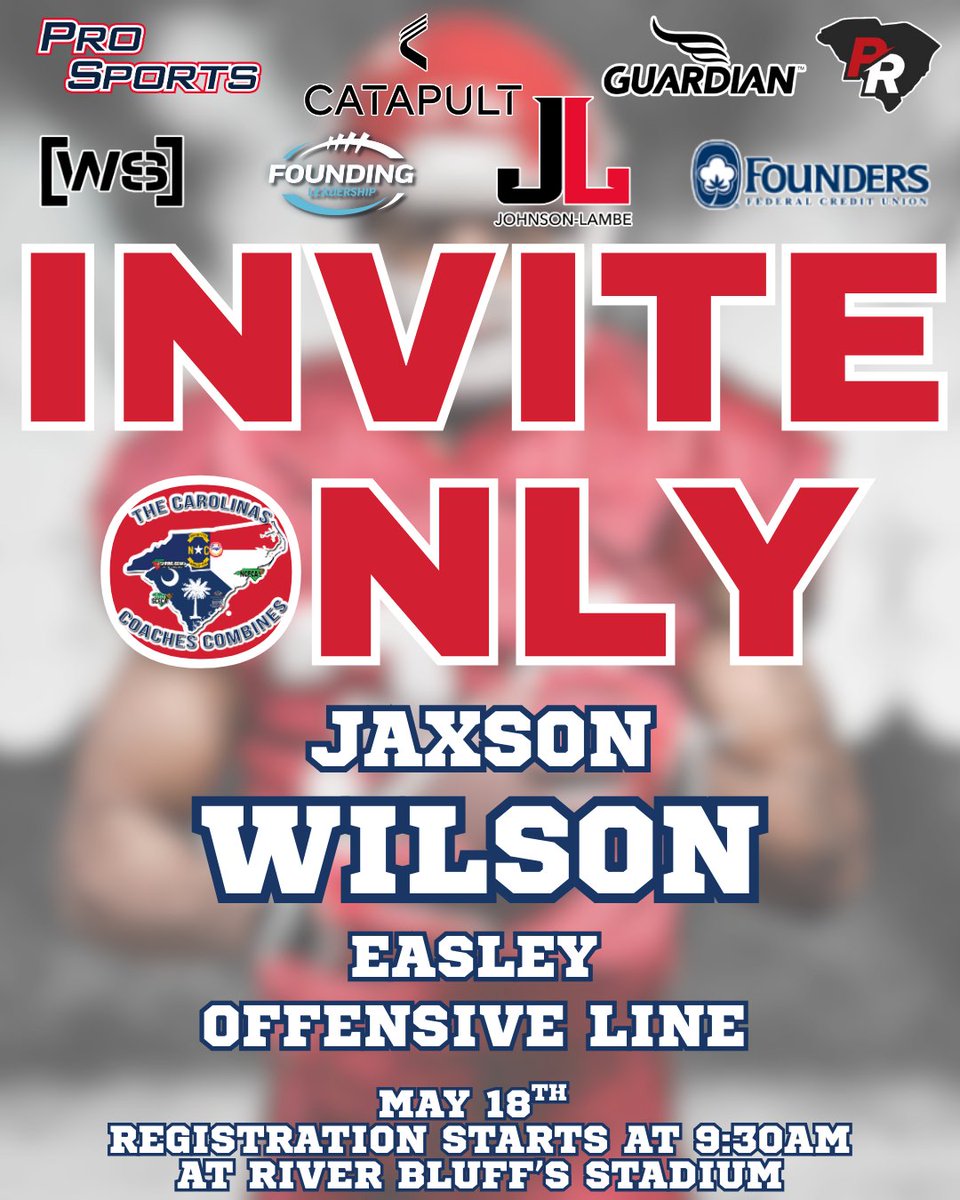 Carolinas Coaches Combine (@coachescombines) on Twitter photo Congratulations to Jaxson Wilson from <a href="/FootballEasley/">Easley Football</a> for being selected to attend the Invite-Only Event on May 18 at River Bluff High School! Registration begins at 9:30 AM!
#CCC2025 @johnsonlambe <a href="/SCFCA1/">SCFCA</a> <a href="/CoachSHouston1/">Sam Houston</a> Congratulations to Jaxson Wilson from <a href="/FootballEasley/">Easley Football</a> for being selected to attend the Invite-Only Event on May 18 at River Bluff High School! Registration begins at 9:30 AM!
#CCC2025 @johnsonlambe <a href="/SCFCA1/">SCFCA</a> <a href="/CoachSHouston1/">Sam Houston</a>