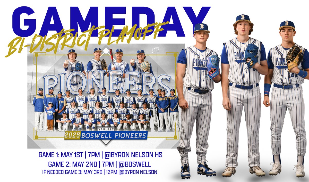 PLAYOFF GAME 1 – IT’S GO TIME! 
Your Boswell Pioneers take the field tonight for Game 1 of the playoff series!
🆚 Byron Nelson
📍 Byron Nelson HS
🕕 First Pitch: 7 pm
