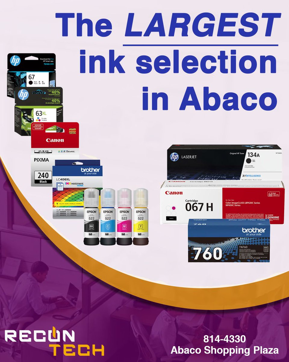 ReconTech242's tweet photo. Need to print? 🖨️ Recon Tech has you covered! Check out the largest ink selection in Abaco and keep your printers rolling. Visit us today! 📍 Abaco Shopping Plaza #PrintWithUs https://t.co/JEZxawBkQw