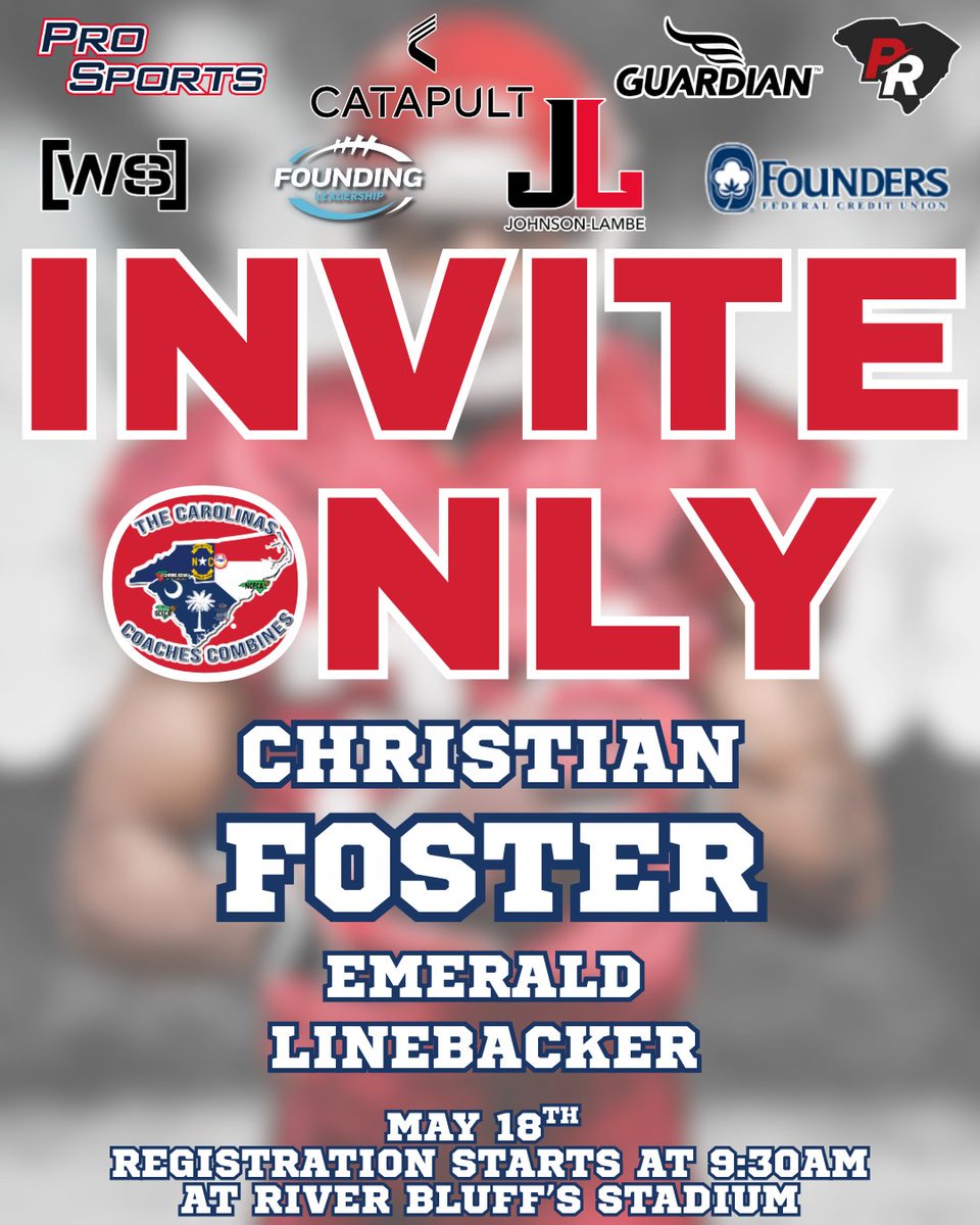 Carolinas Coaches Combine (@coachescombines) on Twitter photo Congratulations to Christian Foster from <a href="/VikingsEmerald/">Emerald Vikings Football</a> for being selected to attend the Invite-Only Event on May 18 at River Bluff High School! Registration begins at 9:30 AM!
#CCC2025 @johnsonlambe <a href="/SCFCA1/">SCFCA</a> <a href="/ChrisFoster14_/">Christian Foster</a> <a href="/DuboseTad/">Tad Dubose</a> Congratulations to Christian Foster from <a href="/VikingsEmerald/">Emerald Vikings Football</a> for being selected to attend the Invite-Only Event on May 18 at River Bluff High School! Registration begins at 9:30 AM!
#CCC2025 @johnsonlambe <a href="/SCFCA1/">SCFCA</a> <a href="/ChrisFoster14_/">Christian Foster</a> <a href="/DuboseTad/">Tad Dubose</a>