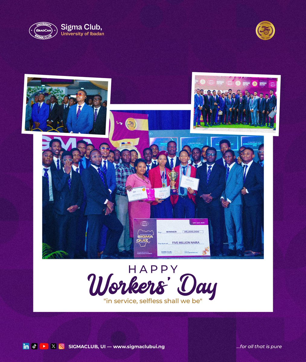 "In service, selfless shall we be."

On this Workers’ Day, Sigma Club celebrates all who give their time, strength, and spirit for a greater cause.

Happy Workers’ Day from Sigma Club!💜🥳

#WorkersDay
#ReclaimCivicSpace
#LeadershipInAction
#SigmaClubUI