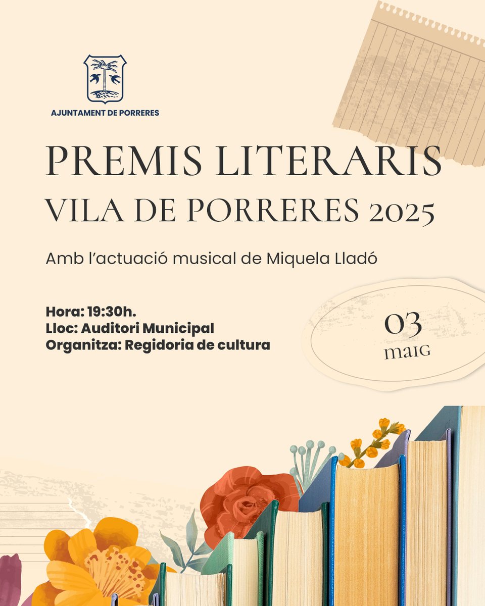 📚 Dissabte 3 de maig | 19:30 h
📍 Auditori Municipal
Entrega dels Premis Vila de Porreres 2025

➡️ 62 obres presentades
➡️ L’any amb més participació!

#PremisVilaDePorreres #PorreresCultura #LiteraturaCatalana