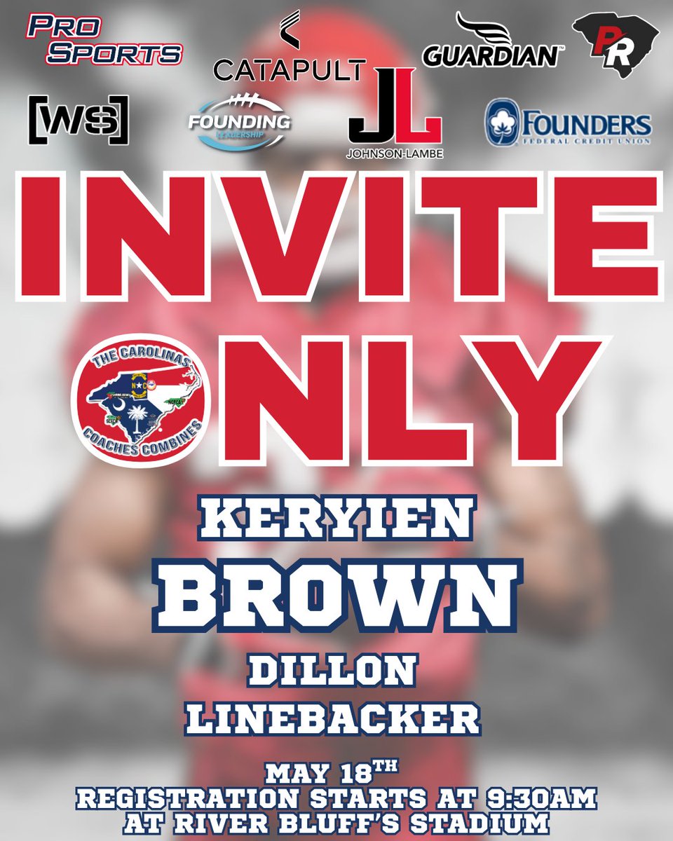 Carolinas Coaches Combine (@coachescombines) on Twitter photo Congratulations to Keryien Brown from <a href="/Dillon_Football/">Dillon Football</a> for being selected to attend the Invite-Only Event on May 18 at River Bluff High School! Registration begins at 9:30 AM!
#CCC2025 @johnsonlambe <a href="/SCFCA1/">SCFCA</a> @KBrown20 <a href="/CoachRoller5/">Kelvin Roller</a> Congratulations to Keryien Brown from <a href="/Dillon_Football/">Dillon Football</a> for being selected to attend the Invite-Only Event on May 18 at River Bluff High School! Registration begins at 9:30 AM!
#CCC2025 @johnsonlambe <a href="/SCFCA1/">SCFCA</a> @KBrown20 <a href="/CoachRoller5/">Kelvin Roller</a>