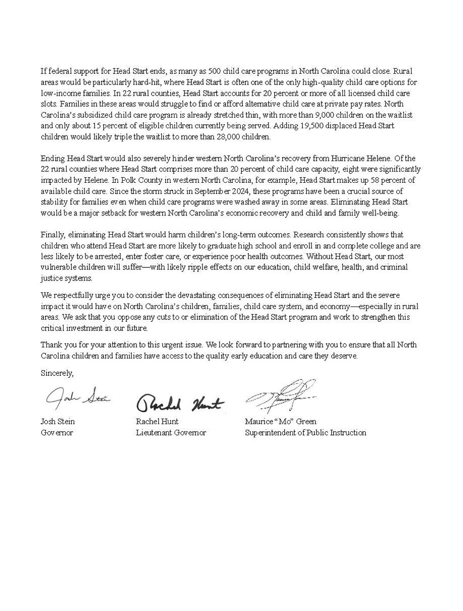 NCDPI Superintendent Mo Green (@mogreenncdpi) on Twitter photo Yesterday, with <a href="/NC_Governor/">Governor Josh Stein</a> and <a href="/NCLtGovernor/">Lt. Governor Rachel Hunt</a>, we sent the attached letter to Speaker Johnson, Leader Jeffries, Leader Thune, Leader Schumer & Members of North Carolina’s congressional delegation.
As Governor, Lieutenant Governor & State Superintendent of Public Instruction, we Yesterday, with <a href="/NC_Governor/">Governor Josh Stein</a> and <a href="/NCLtGovernor/">Lt. Governor Rachel Hunt</a>, we sent the attached letter to Speaker Johnson, Leader Jeffries, Leader Thune, Leader Schumer & Members of North Carolina’s congressional delegation.
As Governor, Lieutenant Governor & State Superintendent of Public Instruction, we