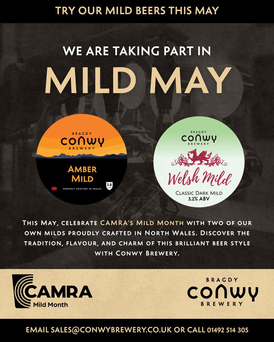 We're proud to join CAMRA’s #MildInMay — celebrating one of Britain’s most historic (and underrated) beer styles!
Try our two Welsh milds: Amber Mild &amp; Welsh Mild, brewed in North Wales with tradition and care. Perfect for pubs this May!  <a href="/CAMRA_Official/">CAMRA</a>