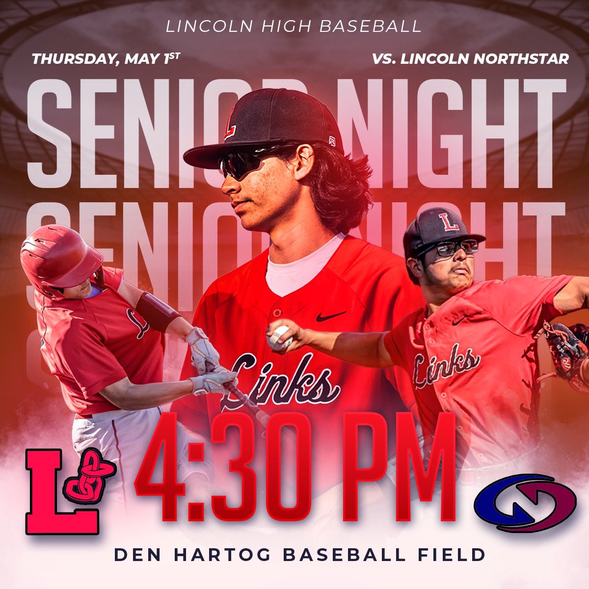 GAMEDAY | SENIOR NIGHT

🆚 <a href="/LNS_Baseball/">Lincoln North Star Baseball</a> 
📍 Den Hartog Field
⏰ 4:30 Varsity | JV to follow

#GoLinks⛓️