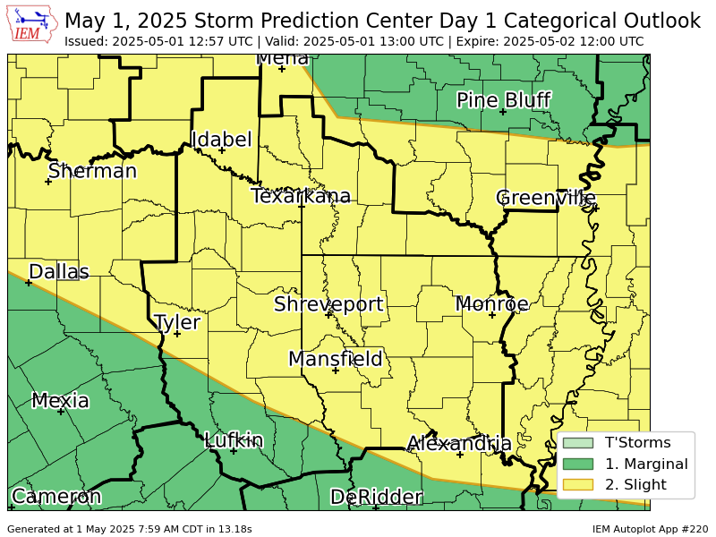 #SPC issues Day 1 Slight Convective Risk at May 1, 12:57z for SHV spc.noaa.gov/products/outlo…