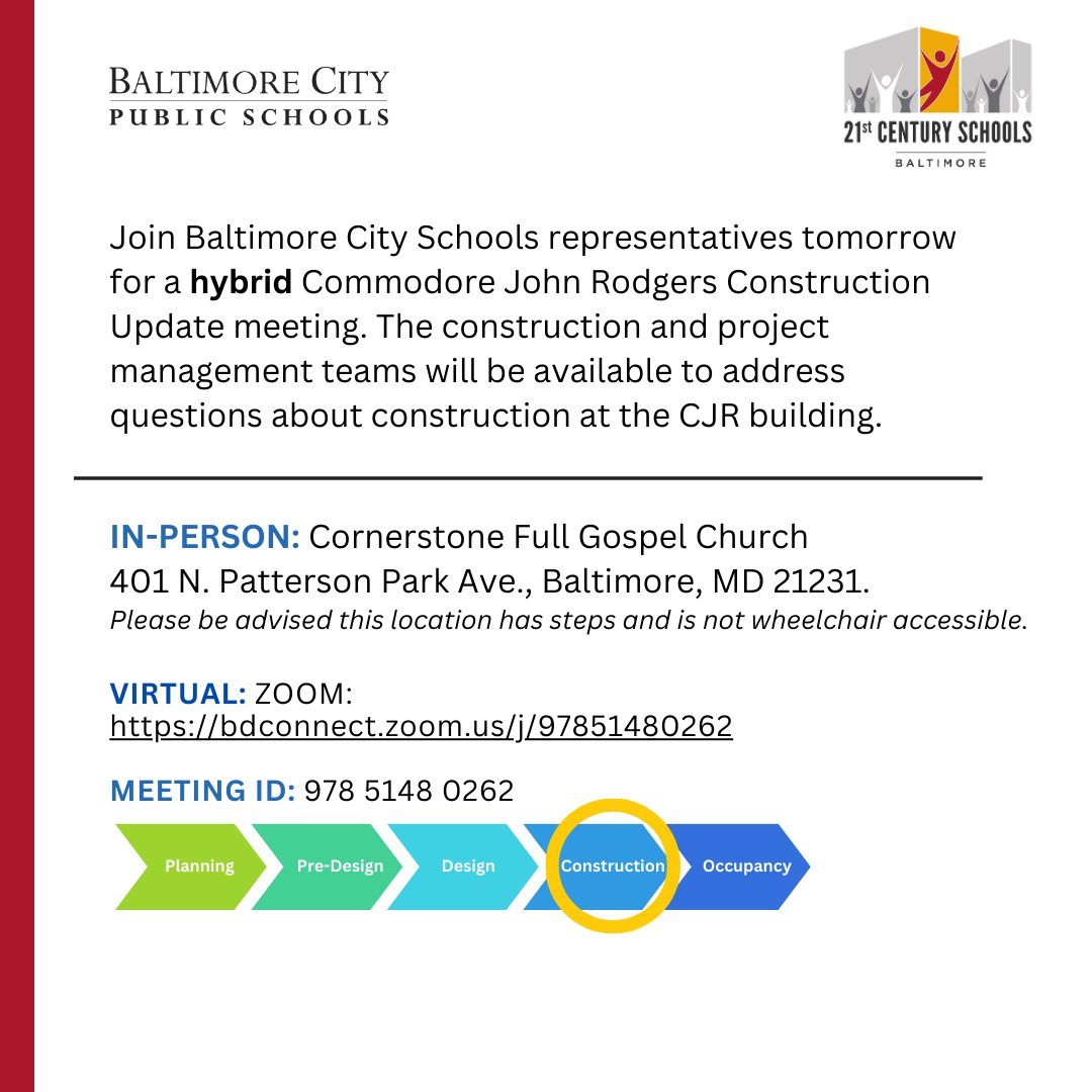 21st Century Schools and Commodore John Rodgers E/MS, will host a hybrid construction update meeting this evening at 5:30 pm.

To join this meeting, please visit: baltimore21stcenturyschools.org/commodore-john…
