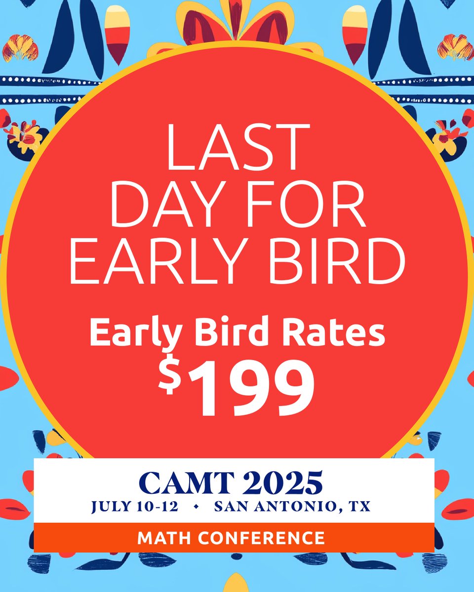 🎉 Last Chance for Early Bird Pricing! 🎉
Today’s the final day to snag your CAMT 2025 registration for just $199! Don’t miss out on incredible workshops, inspiring speakers, and connecting with math educators from across Texas.

camt.swoogo.com/CAMT2025/begin…