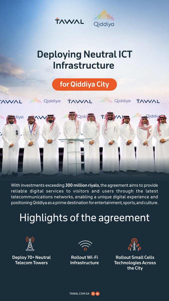 TAWAL (@tawal_ksa) on Twitter photo We are pleased that #TAWAL signed a strategic agreement with <a href="/qiddiya/">Qiddiya | القدية</a> company to develop an integrated digital infrastructure in #QiddiyaCity, positioning Qiddiya as a prime destination for entertainment, sports, and culture. We are pleased that #TAWAL signed a strategic agreement with <a href="/qiddiya/">Qiddiya | القدية</a> company to develop an integrated digital infrastructure in #QiddiyaCity, positioning Qiddiya as a prime destination for entertainment, sports, and culture.