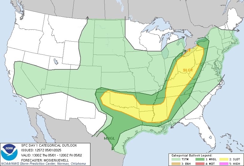 7:59am CDT #SPC Day1 Outlook Slight Risk: from the Lower MS Valley through the TN and OH Valleys into the Lower Great Lakes, and from the TX/OK Panhandles eastward across OK and north TX. spc.noaa.gov/products/outlo…