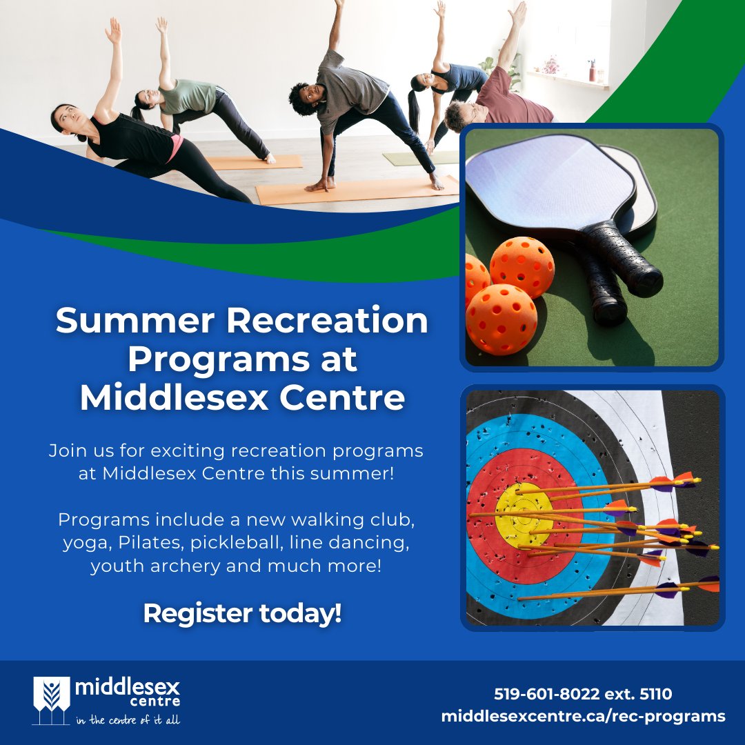 Registration for summer recreation programs is open! Join us for Pilates, yoga, line dancing, pickleball, and more in Bryanston, Coldstream, Delaware, Ilderton and Komoka. Register today: ow.ly/yFPh50VJUrg