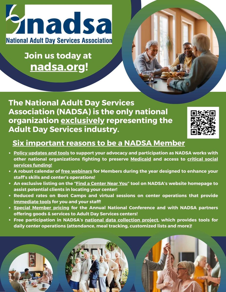 The National Adult Day Services Association (NADSA) is the only national organization exclusively representing the Adult Day Services industry. If you are not yet a member, please join us for professional development, networking, and advocacy! MEMBERSHIP: nadsa.org/membership/
