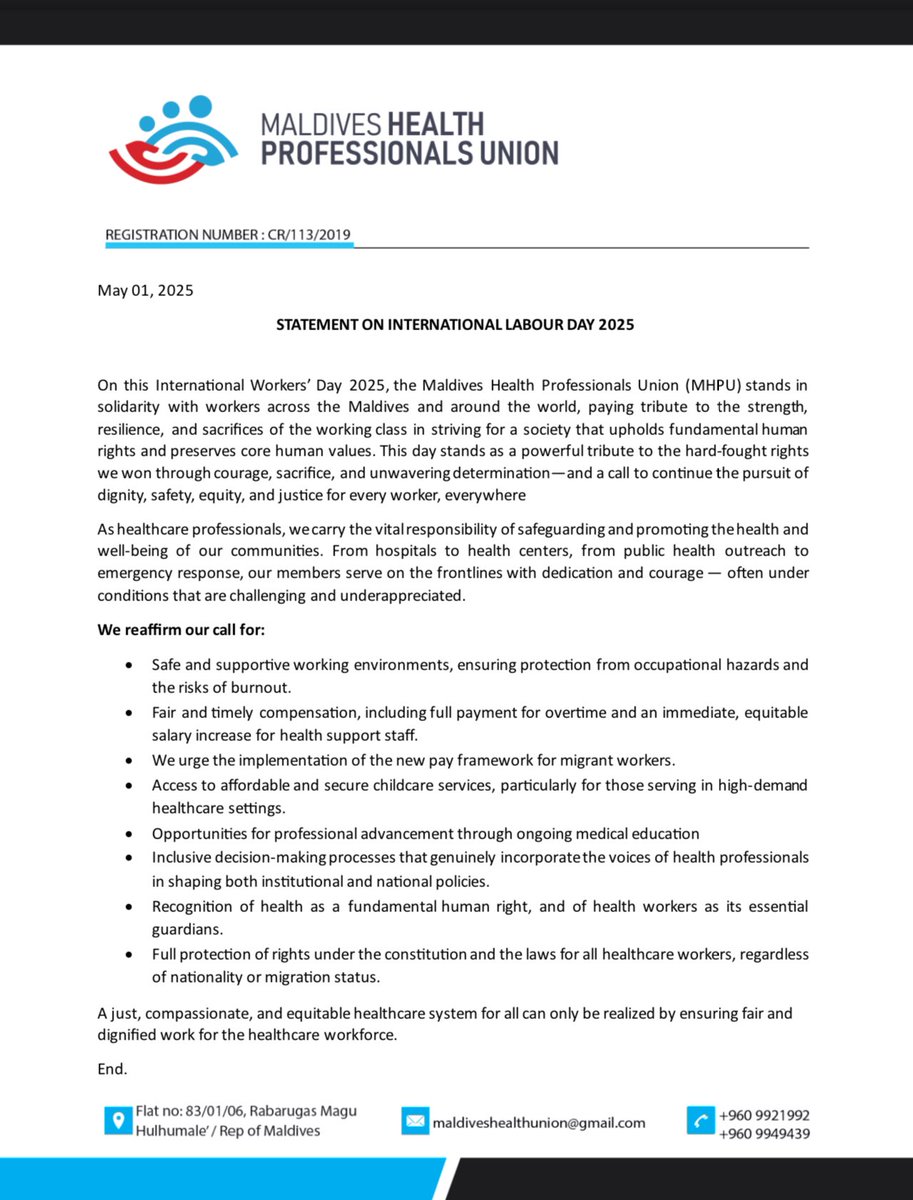 Statement on International Labour Day 2025

ބައިނަލް އަޤްވާމީ މަސައްކަތްތެރިންގެ ދުވަހުގައި މި އޫނިއަންއިން މި ގޮވާލަނީ؛

1. ސަލާމަތާއި ޞިއްޙީ ރައްކާތެރިކަން އަދި އެހީތެރިކަމާއި އަޅައިލުން ކަށަވަރުވެފައިވާ ވަޒީފާގެ މާޙައުލެއް ޤާއިމުކޮށްދިނުމަށް

2. ސަޕޯޓު ސްޓާފުންގެ މުސާރަތައް