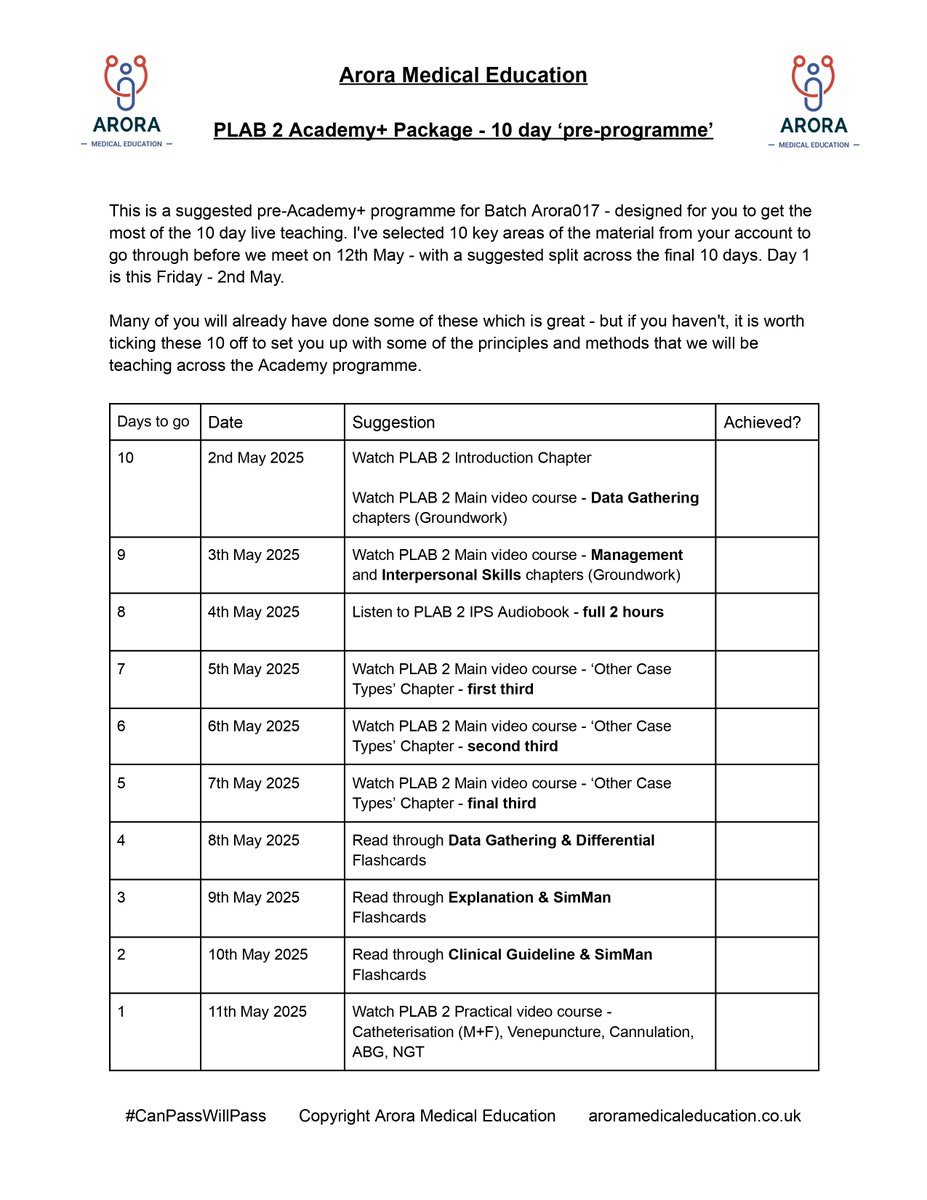For anyone who is joining Arora PLAB 2 Academy+ Batch017 (starting 12th May)...

Please find here a suggested pre-academy programme - designed for you to get the most of the 10 day live teaching.

👉 Join Arora PLAB 2 Academy+: aroramedicaleducation.co.uk/course/plab-2

#CanPassWillPass